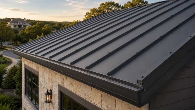 Exposed-fastener metal panel roof on a Hill Country home at sunset