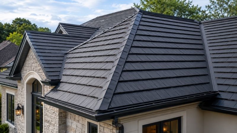 Dark metal shingle roof with a traditional shake look on a stone home