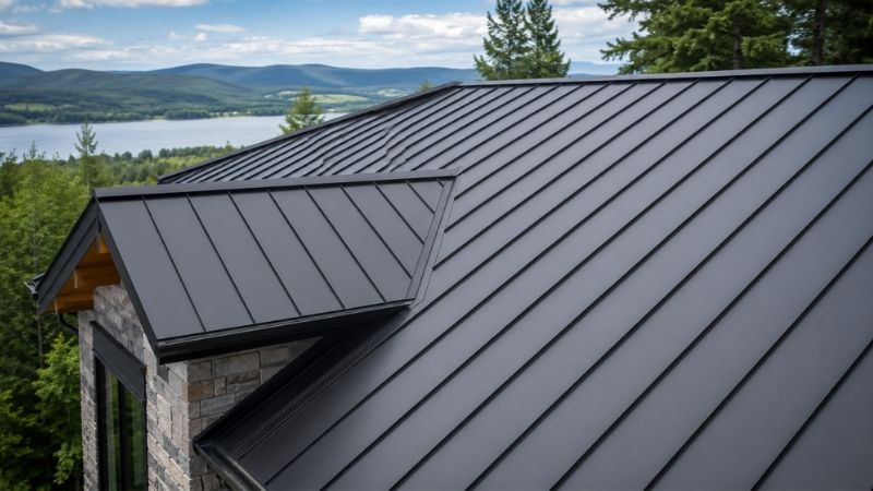 Dark standing seam metal roof with hidden fasteners on a hillside home