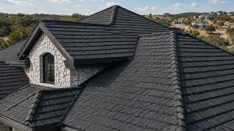 Stone-coated steel roof with a shingle look on a Texas Hill Country home